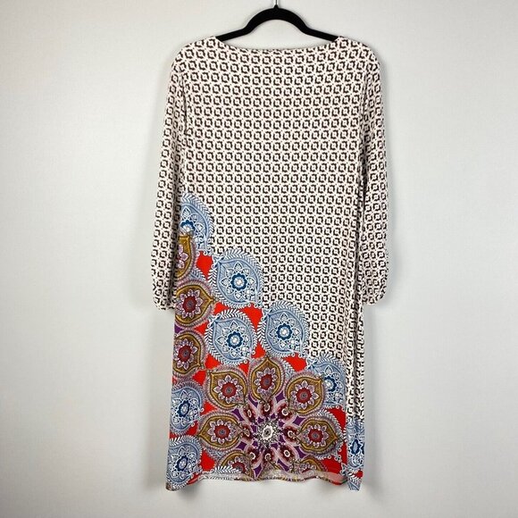 Chicos Printed Ruched-Sleeve Dress Womens 2 US 12 L Floral Ikat Jewel Neckline - Picture 7 of 10